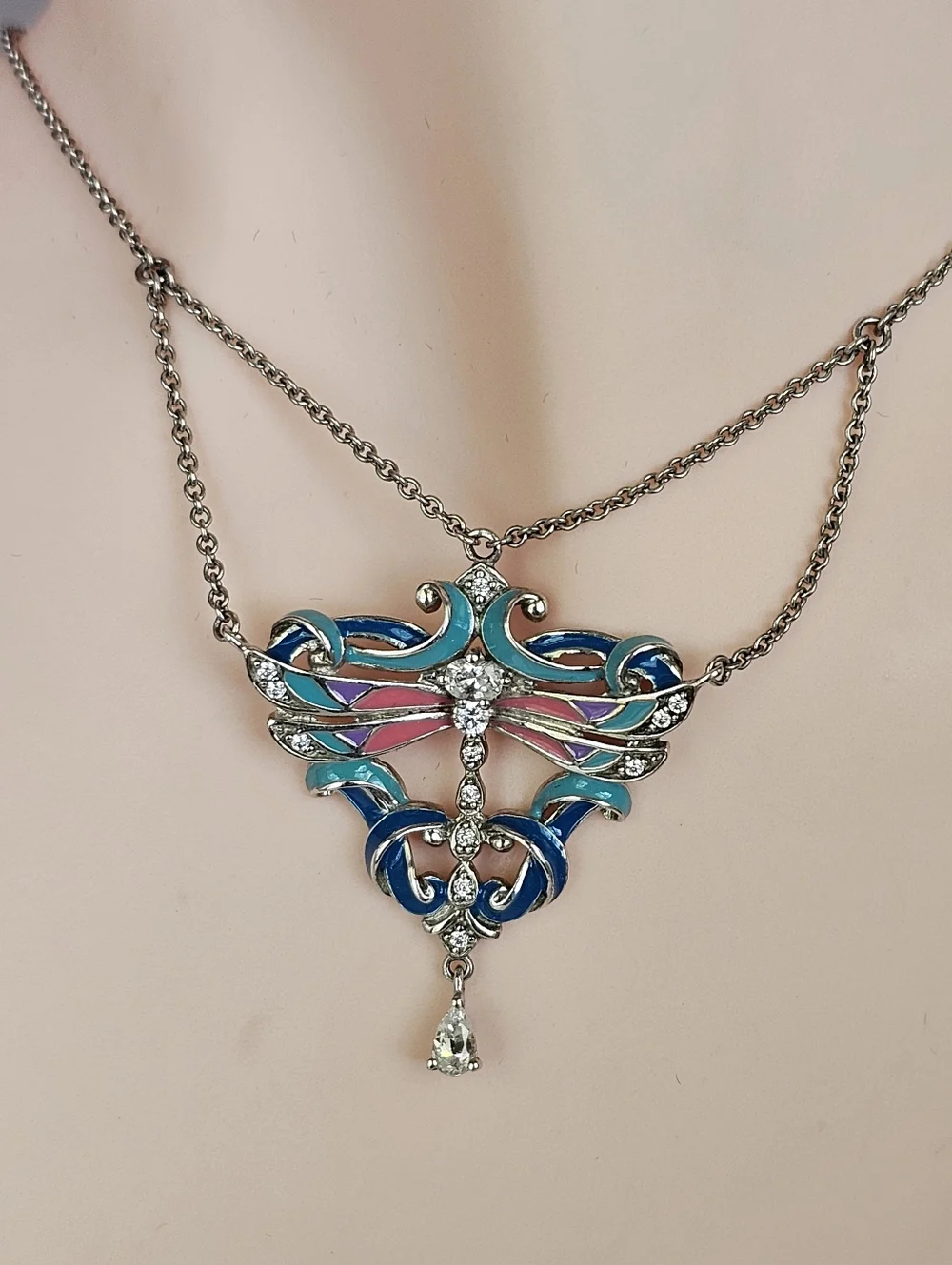 Authentic Victoria Wieck Art Noveau Enamel Dragonfly Necklace Sterling Silver
